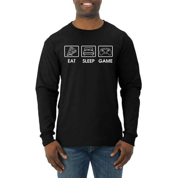 Eat Sleep Game Video Gamer Gift Fan Pop Culture Mens Long Sleeve Shirt, Black, Small