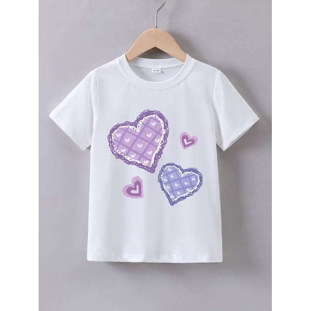 Girls' Summer Short Sleeve T-Shirt with Heart Plaid Print, Casual Crew Neck Knit Top, 95% Cotton 5% Spandex, Slight Stretch, Regular Fit - Knit Fabric Weave