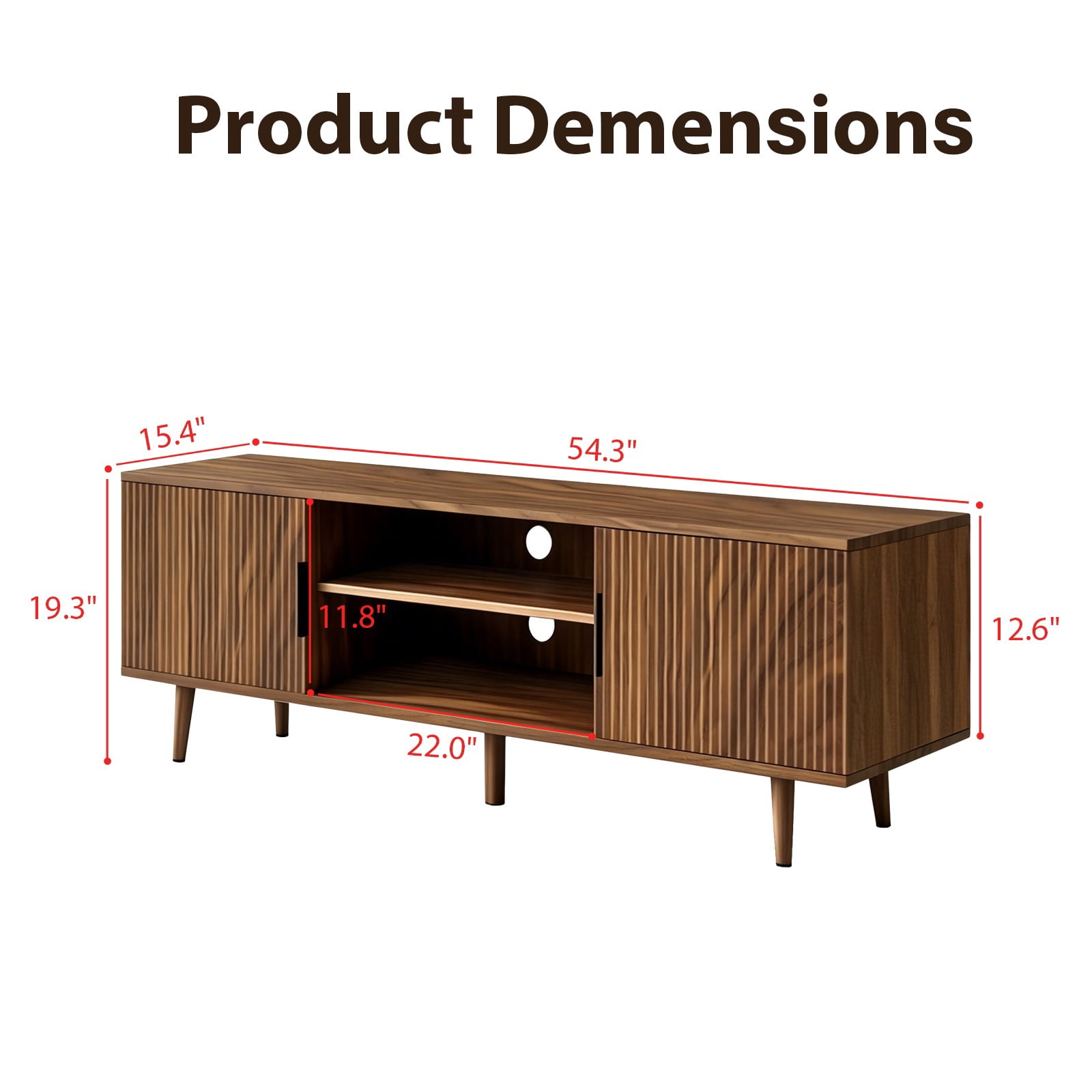 Hommoo 54.3" Mid Century Modern Fluted TV Stands with Open Shelves, TV Console Entertainment Center TV Media Cabinet for Bedroom, Living Room, Walnut