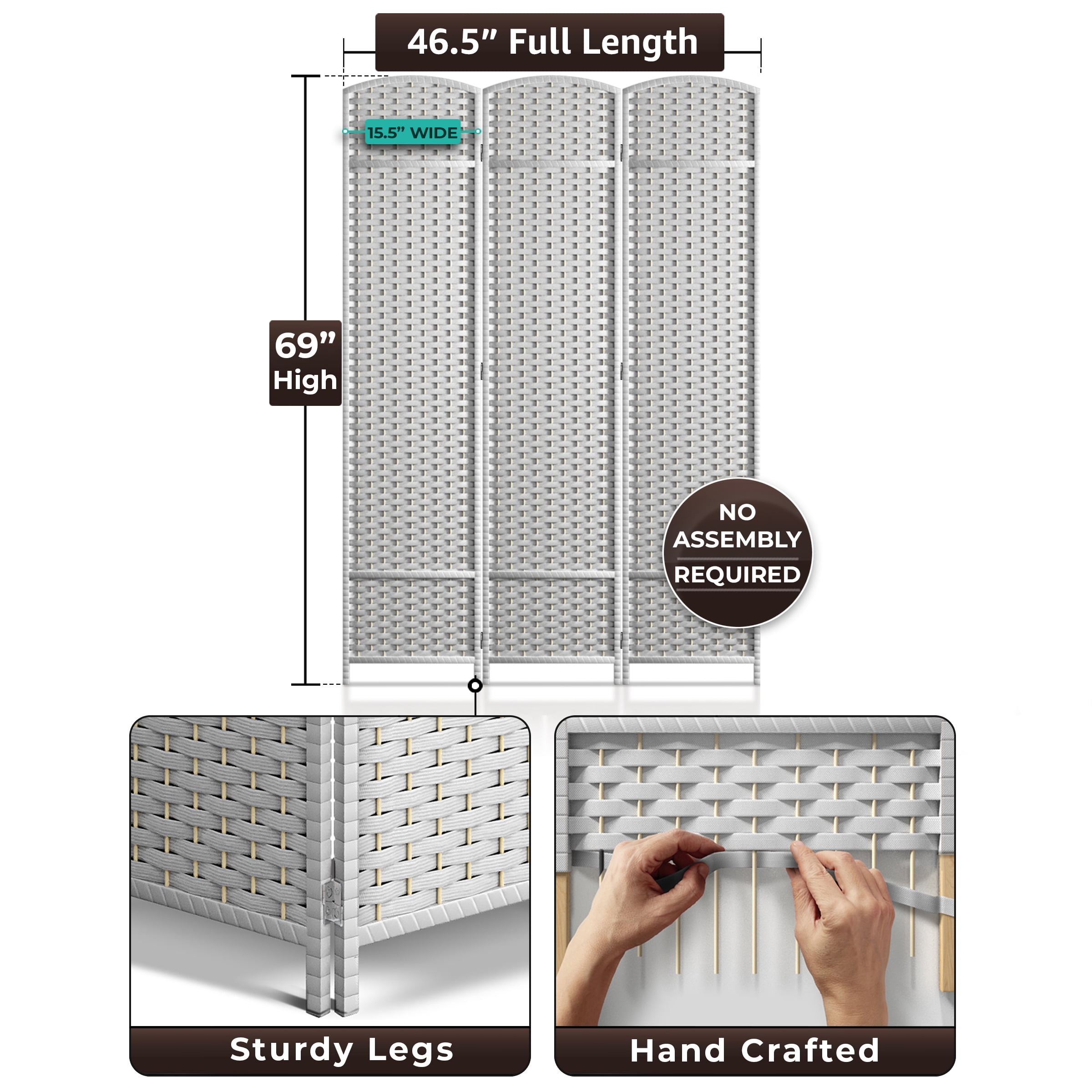 Sorbus 3-Panel Wide Folding Room Divider Privacy Screen, Hand-Woven White Mesh