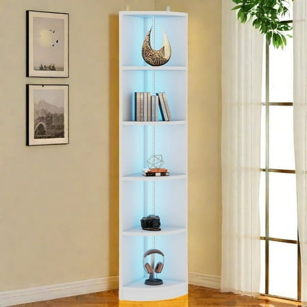Uforic 70.8" Tall Bookcase with LED Light, 5-Tier Corner Bokkshelf for Living Room Home Office, White