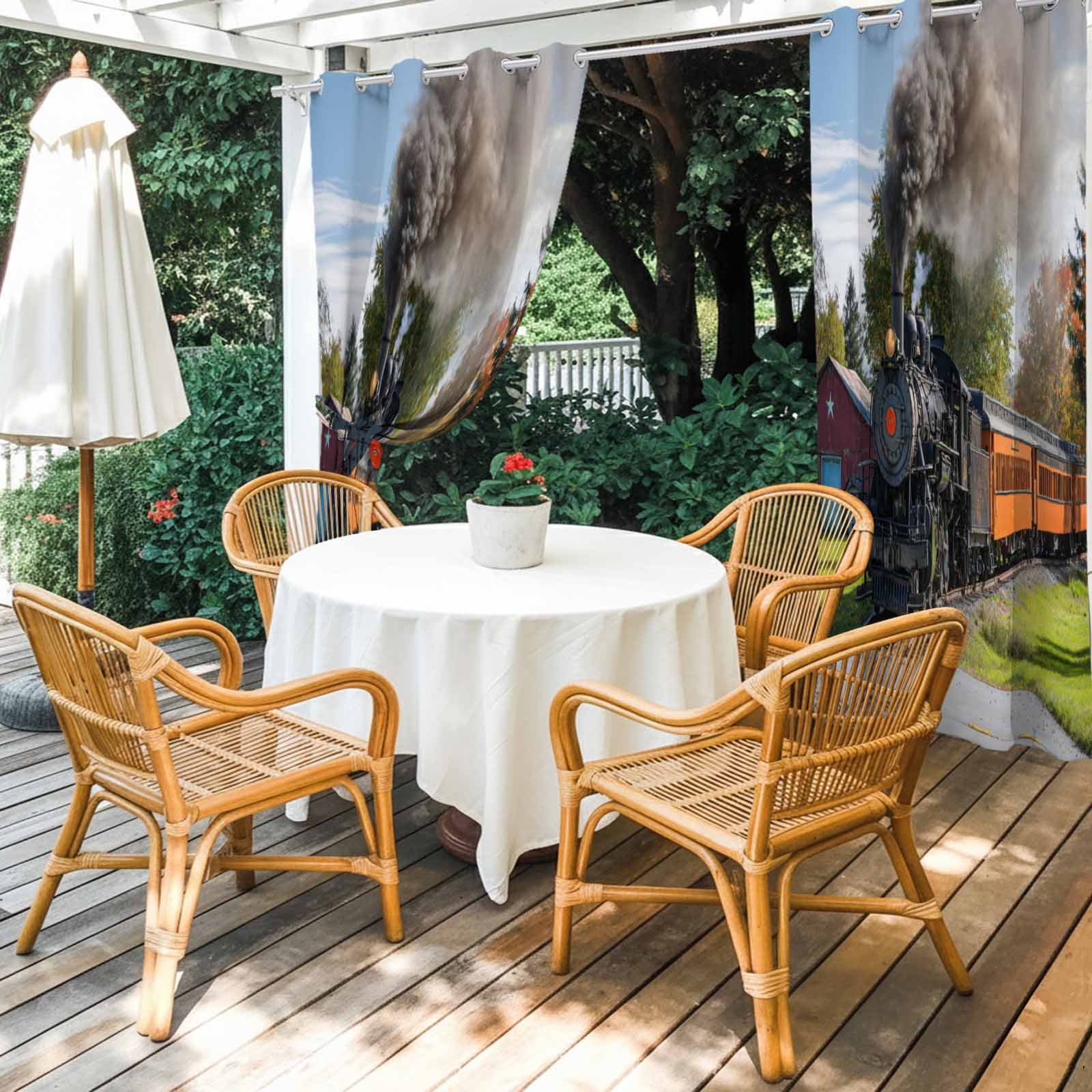 Outdoor Curtains for Patio Waterproof, Steam Train Windproof Pravicy Outside Porch Blackout Curtain, Railroad Country Barn Rustic Trees Farmhouse Sun Blocking Grommets Curtains for Cabana 54"x108"