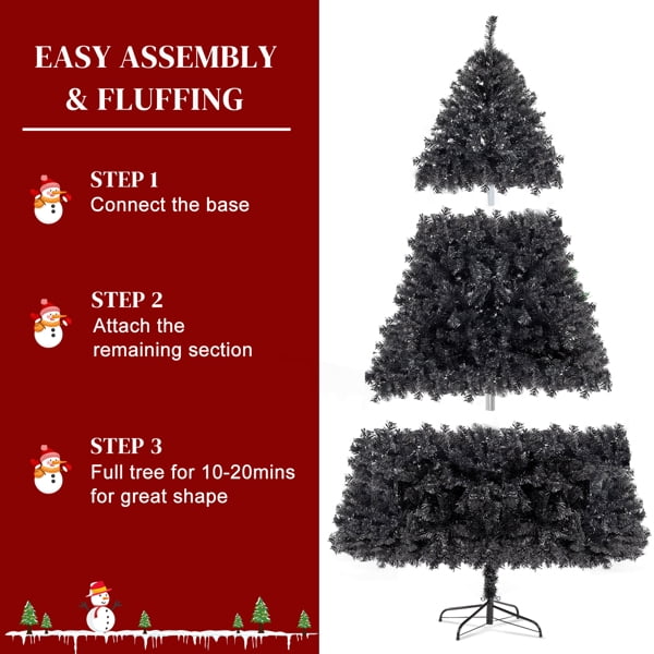 6 FT Black Artificial Christmas Tree - 1050 PVC Branch Tips, Flame-Retardant Material, Sturdy Iron Base, 3-Step Easy Assembly