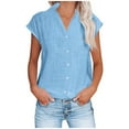 thumbnail image 2 of Crunowin Women's Linen Button Up Shirts, Rolled Cuffed Short Sleeve Blouse Ladies Summer Casual V Neck Beach Cotton Tops Sky Blue M, 2 of 6