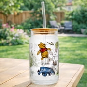 Winnie the Pooh Glass Tumbler with Bamboo Lid and Glass Straw, 16 fl oz
