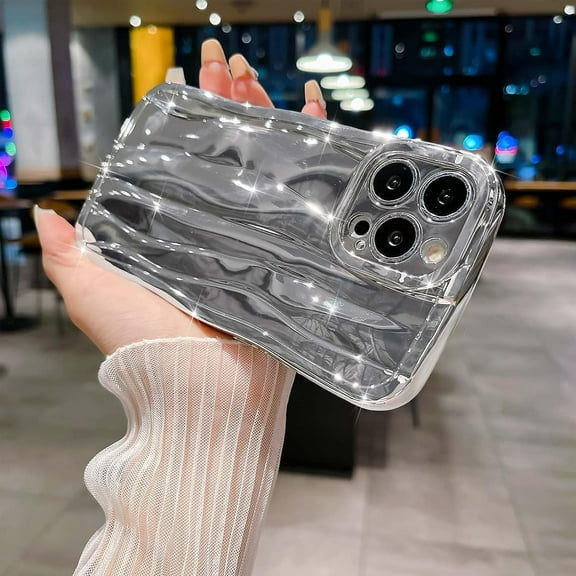 Compatible with iPhone 14 Pro Max Case 6.7 Inch, Luxury 3D Design Electroplated Water Ripple Case for Women Girls, Curly Wave Frame Soft Shockproof Camera Protective Back Cover-Silver