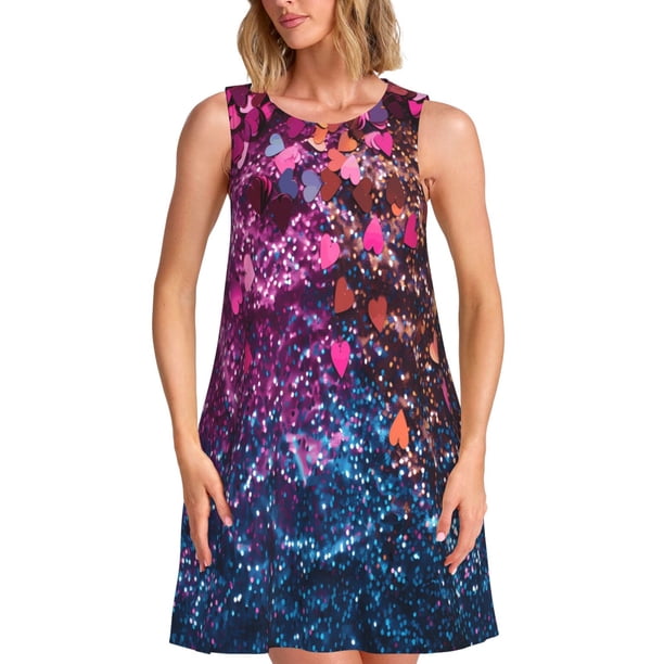 Easygdp Heart Confetti on Glitter para Vestido Transpirable de Mujer, Vestido Suelto de Manga Corta con Pliegues y Bolsillos para el Verano