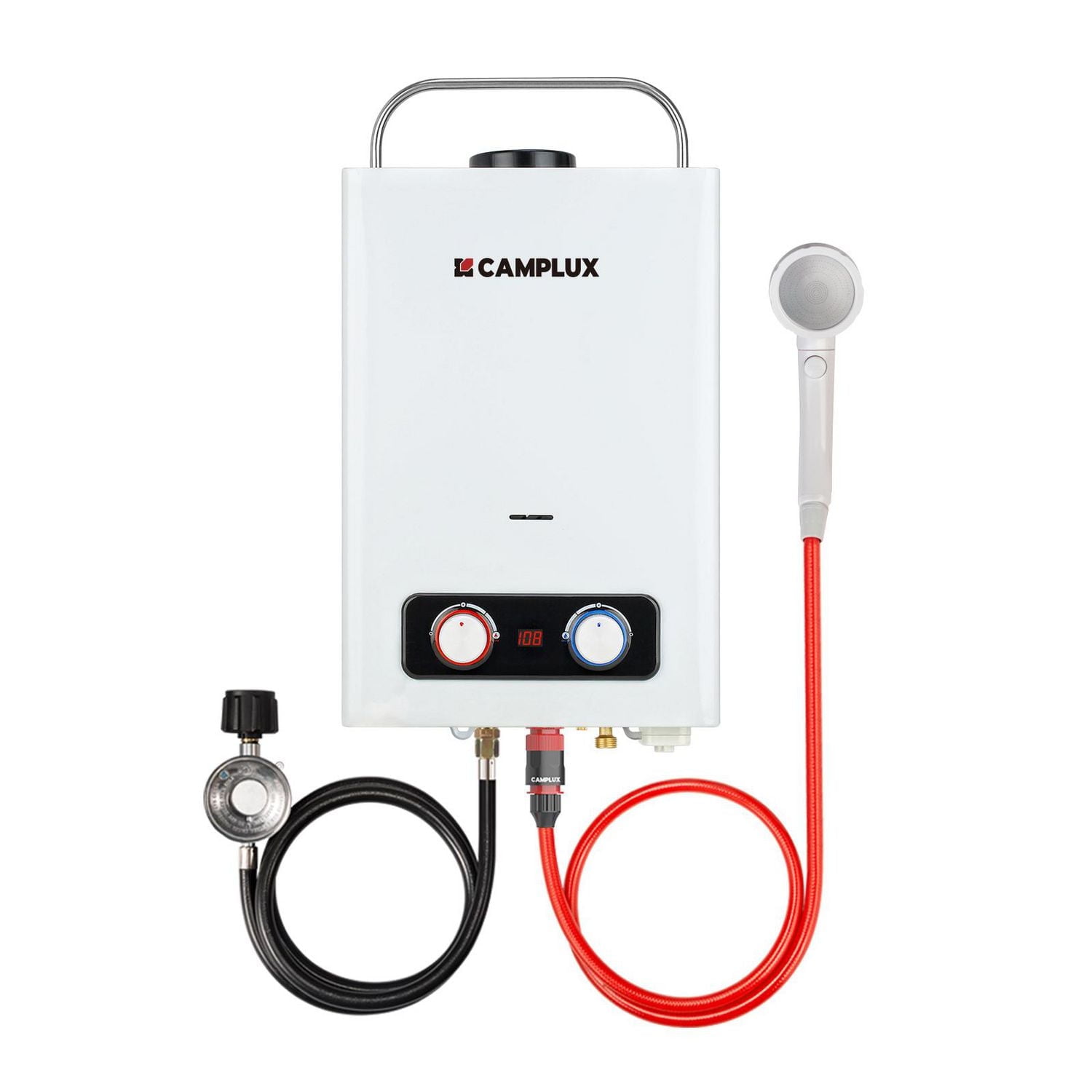 Camplux Pro Chauffe eau au propane sans réservoir 1.58 GPM, chauffe eau au gaz propane extérieur avec poignée portable, chauffe eau à gaz portable pour camping, cabines, blanc