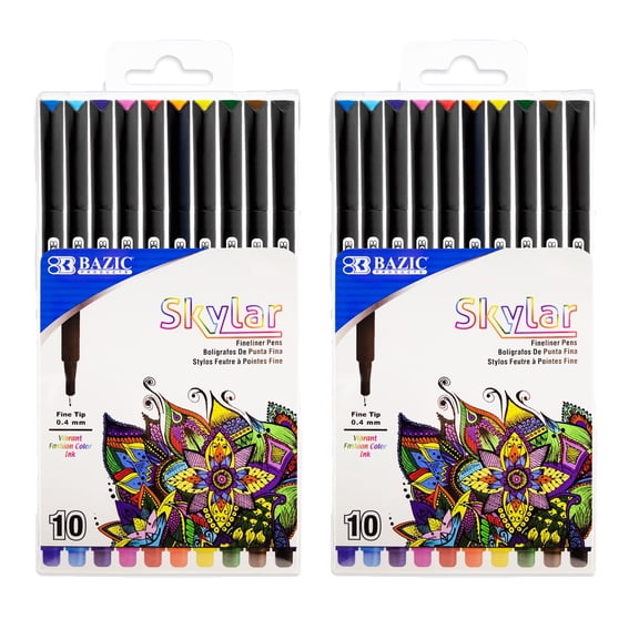 BAZIC Skylar Fineliner Pen, Fine Tip 0.4mm Pens, Assorted Colors, 10 Count, 2-Packs