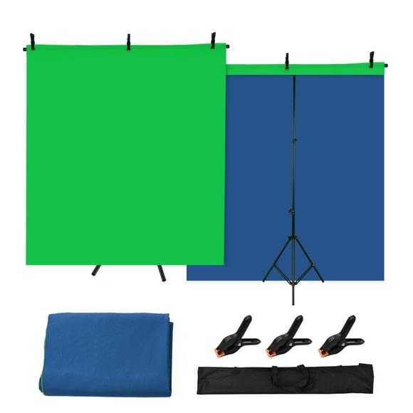 5x7ft Green Screen Blue Screen Backdrop Double-sided Chromakey Background Photography Kit with 5x7ft T-Shaped Background Adjustable Stand 3 x Spring Clamps