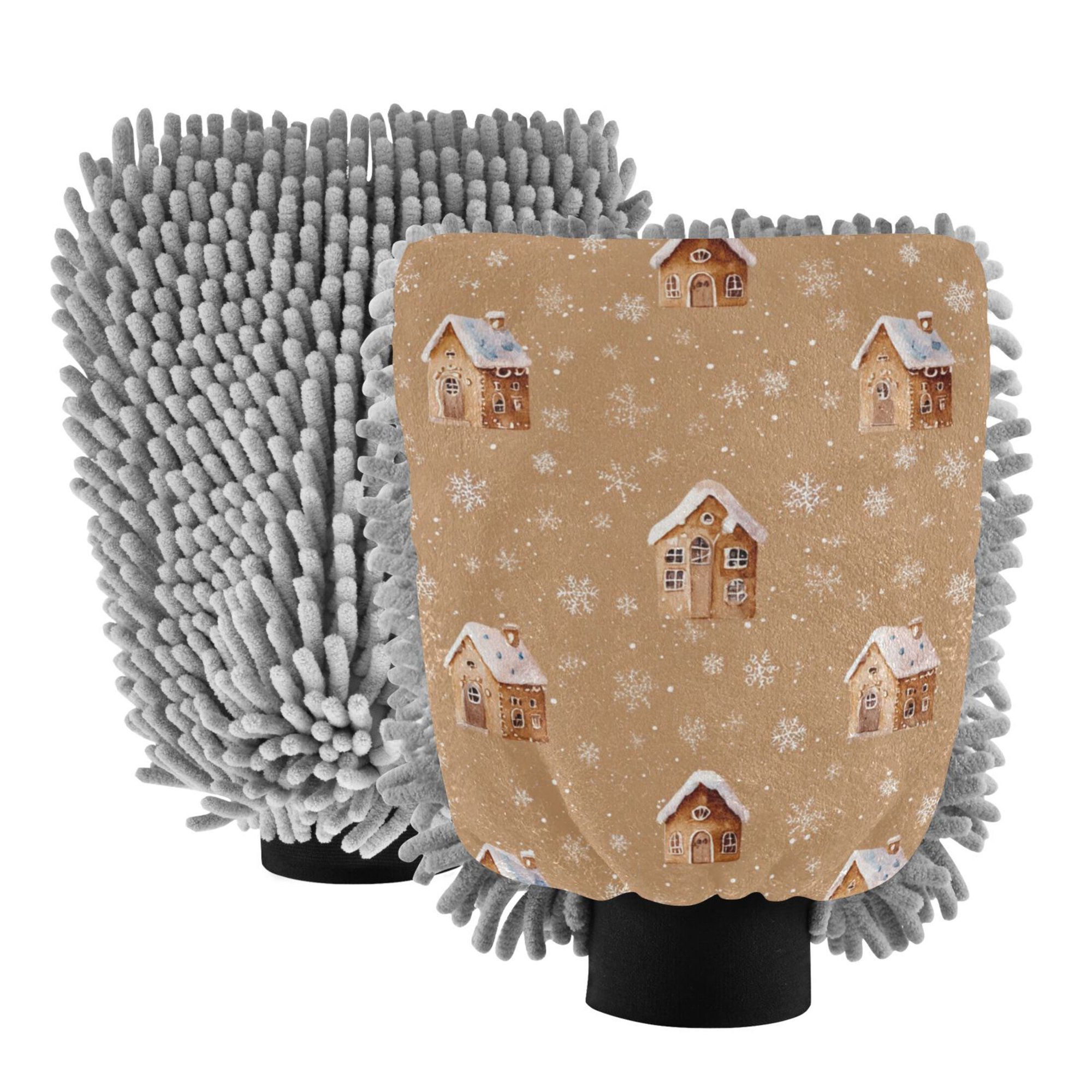 Microfiber Car Wash Gloves With Chenille & Polyester Terry Scratch-Free Cleaning Elastic Cuffs Cute Christmas Gingerbread Houses