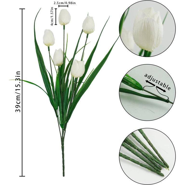 6 Bundles Artificial Tulips - 30 Heads White Faux Flowers For Outdoor Decor