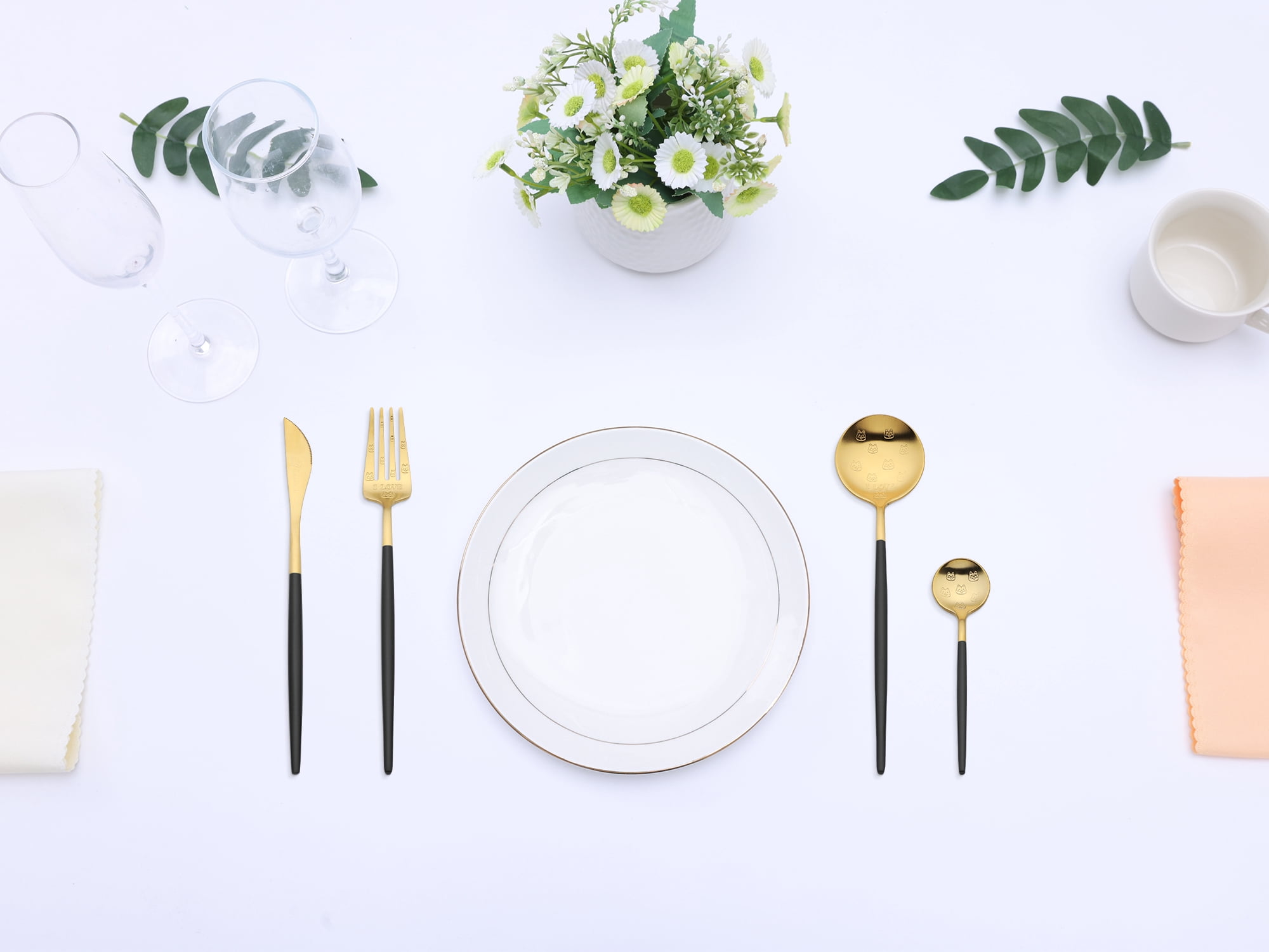 Unique Bargains 4 Piece Stainless Steel Floral Flatware Modern Cutlery Set Black 4