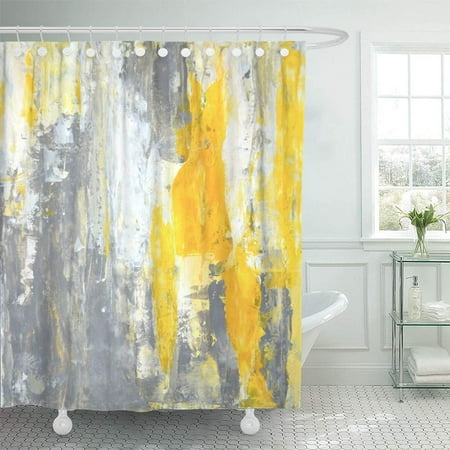 Yellow Bathroom Curtains PKNMT Canvas Grey Yellow Abstract Painting Contemporary Gallery Interior Lines Modern Bathroom Shower Curtain 66x72 inch ()