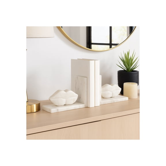 Bookends Shelf Decor for Book Accessories - Chic Heavy Duty Sculpted Marble Lips Bookends for Office, Desk, or Home Library - Decorative Bookends Ideal for Book Organization - Set of 2, 5", White