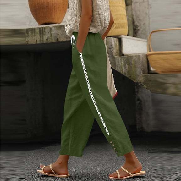 HongQid Women's Linen Blend Cropped Pants with Side Embroidery, High Waist Loose-Fit Trousers with Button Hem, Casual Breathable Bottoms for Summer Daily Wear & Vacation