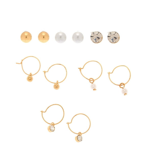 Claire's 6 Piece Studs and Hoops with Pendants Earrings Set, Pearls, Slick Gold Metal Balls, Rhinestones