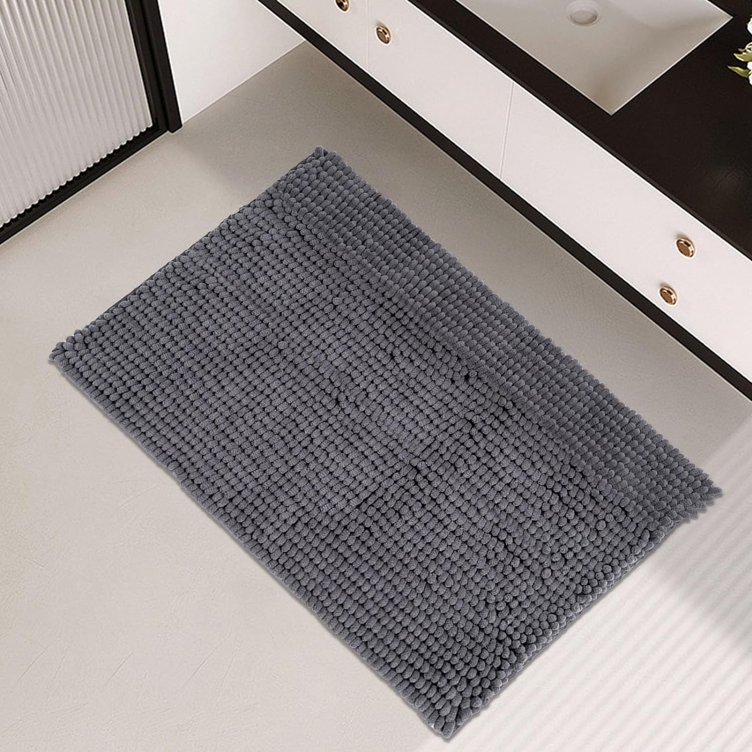 FRESHMINT Chenille Bathroom Rugs Non-Slip Bath Mat 32'' x 20'' Washable Soft Shower Mat, for Bathroom Floor & Tub Fluffy Shag Bath Rugs, Durable Thick Water Absorbent Microfiber Shower Rugs, Gray