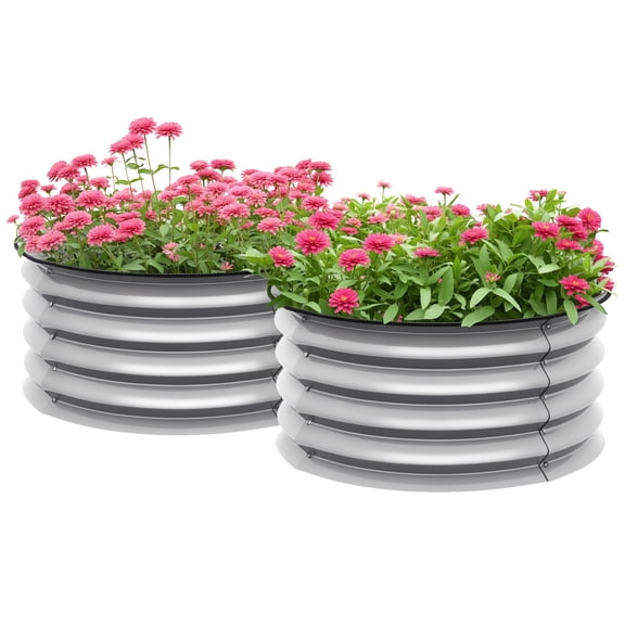 Galvanized Raised Garden Bed Set of 2, Round Steel Planters with Safety Edging, Self-Draining Open Bottom, 23.5 in Dia x 11.75 in H, for Flowers Herbs and Vegetables