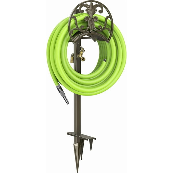 Garden Hose Stand with Brass Faucet, Detachable Heavy Duty Water Hose Holder, Freestanding Metal Hose Reel Decorative Storage Hanger Holds 150-Feet Hose for Outside Patio Lawn Yard