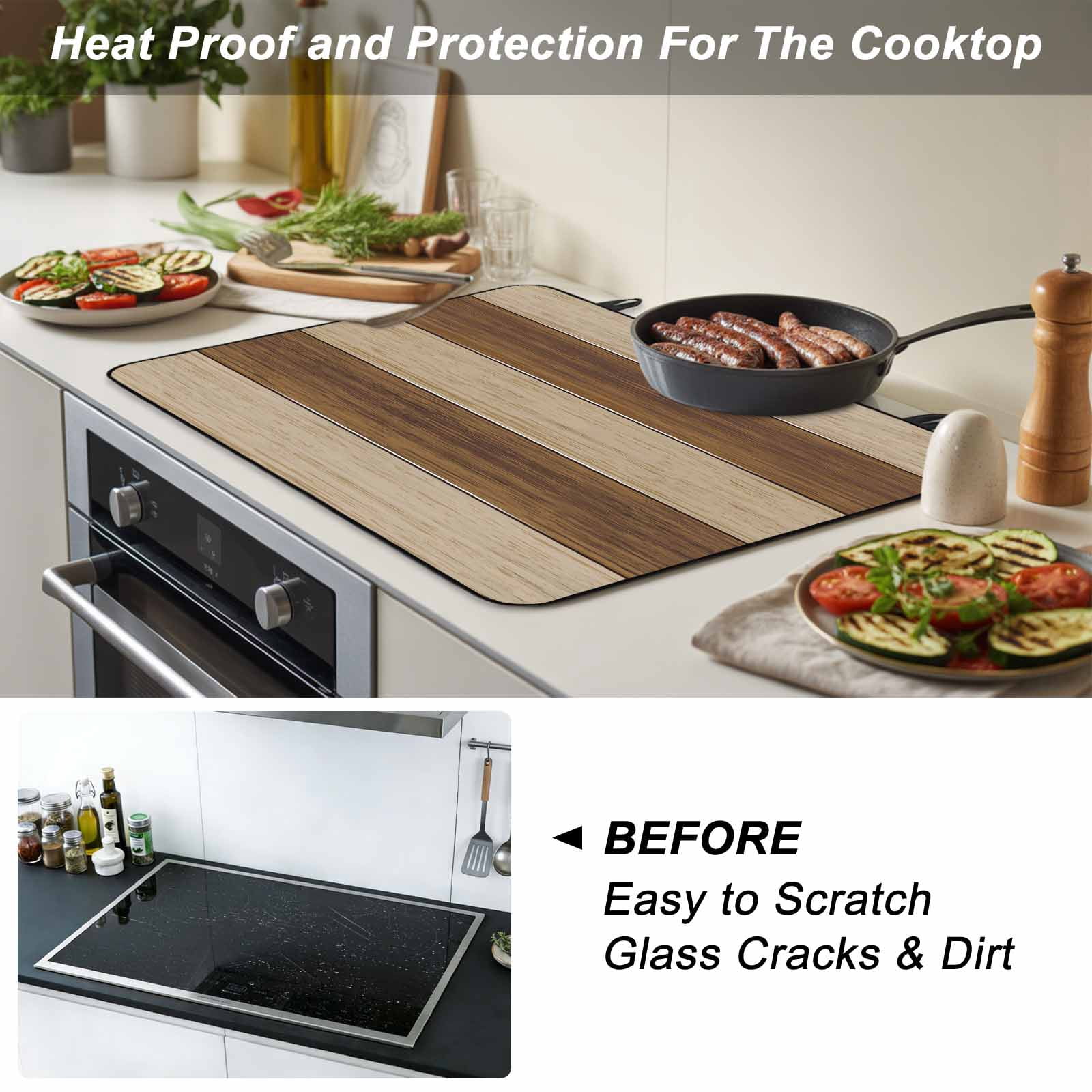 Brown Wood Grain Stove Top Cover for Electric Stove, Heat-proof & Non Slip Glass Top Stove Cover Protector, Ombre Rustic Retro Wooden Plank Kitchen Flat Cooktop Rubber Mat 24x21 Inches