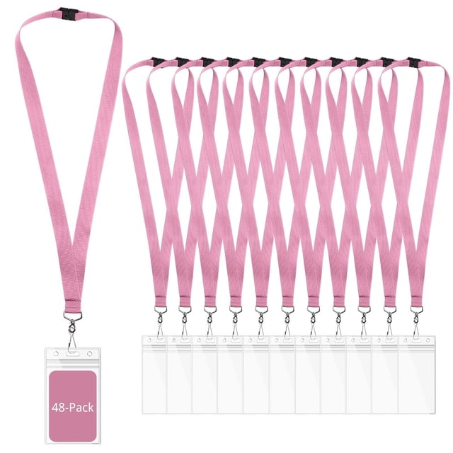 Lanyards de 48 piezas color rosa con cierre de seguridad y porta gafetes impermeables