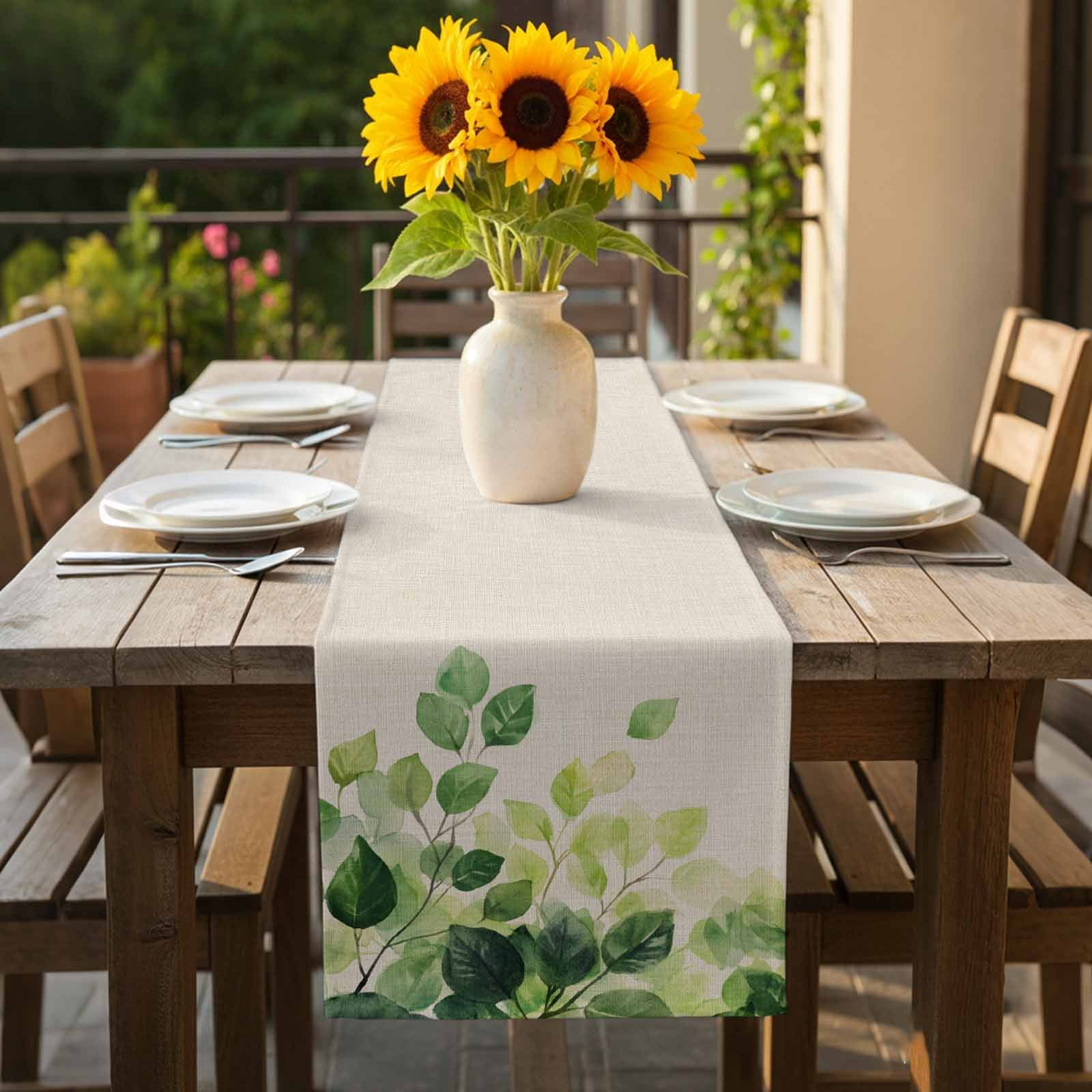 Spring Leaf Cotton Linen Table Runner Vintage Sage Green Eucalyptus Leaves Country Linen Texture Dining Table Runners for Home Decor Party Dining Room Restaurant Kitchen 13" x 108"