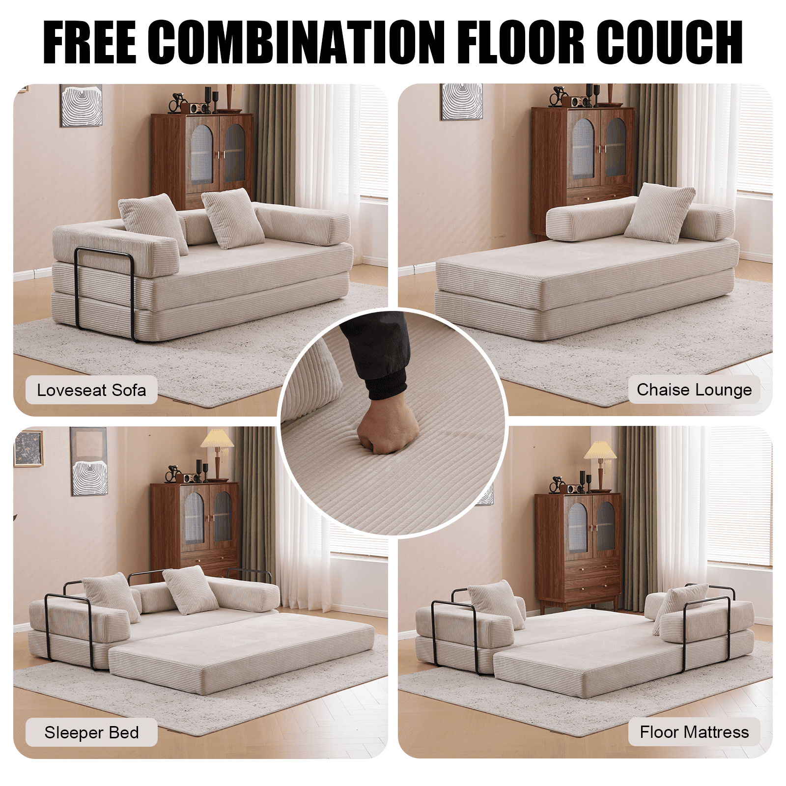 BSHTI Convertible Sofa Bed with Pillows, Chenille Folding Floor Sofa, High Rebound Density Sponge Boneless Couch for Living Room Bedroom Apartment Office, No Assembly Required, Light Gray