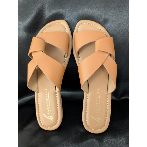Fashostyle Crossed Strap Summer Leather Slide - BROWN