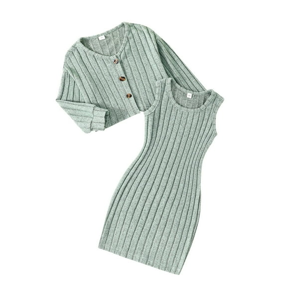 Utlike 2 Pcs School Outfits For Girls Elegant Long Sleeve Cardigan With Ribbed Dress Casual Fall Winter Matching Outfits For Girl Size 3 Years-4 Years Green