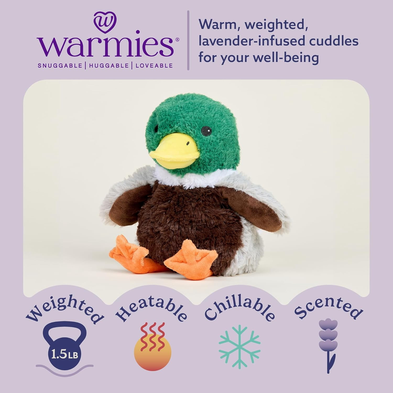 Warmies 13” Mallard Stuffed Animal, Microwavable Heated Plushies and Weighted Soft Plush Toys