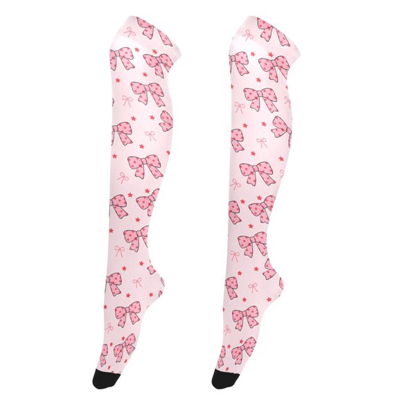 Pink Polka Dot Bowtie High Thigh Socks Over Knee Thin Tights Long Stocking for Women Leg Warmer