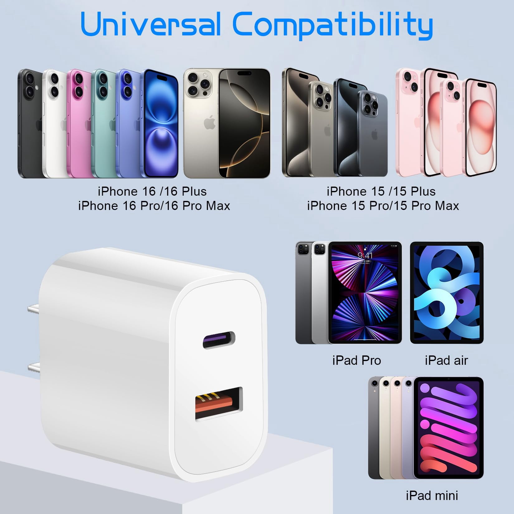LujingZ Dual Port A/C Charger, 2 - Pack with 6FT Type C Cables, Compatible for iPhone 17/16/15 Series