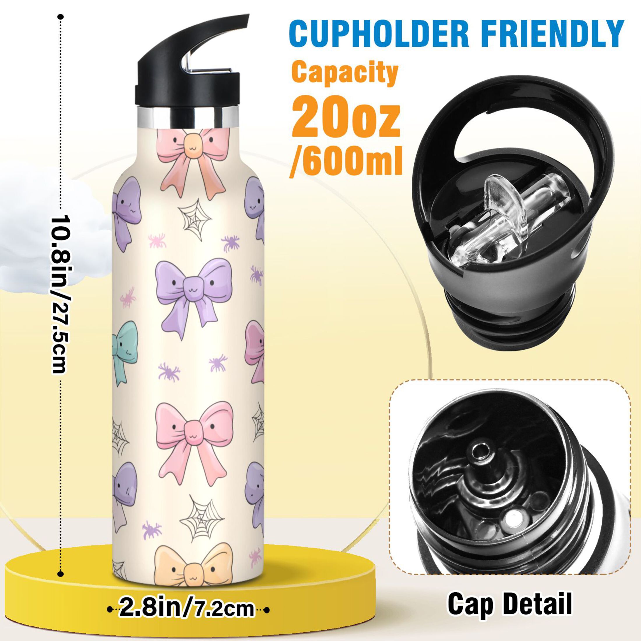 Kids Insulated Stainless Steel Sports Water Bottle 600ml (20oz) Colorful Bow Pattern