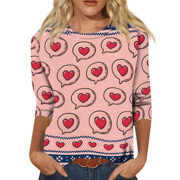 Garbnen Valentines Shirts for Women 3/4 Sleeve T Shirts for Women Love Heart Print Crew Neck Dressy Womens Pullover