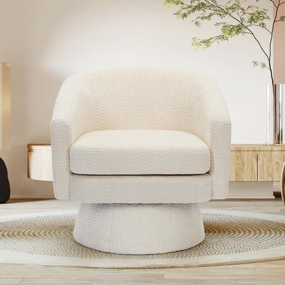 Beige chenille swivel chair con wood frame y almacenamiento space para sala de estar