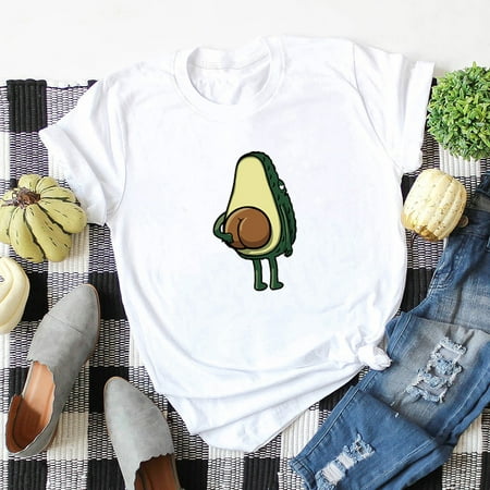 Women Plus size T-shirt Cartoon Avocado Pattern Print Round Neck Short Sleeve Casual Cute Tops
