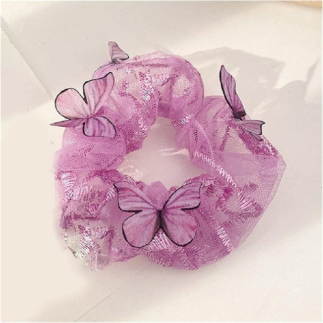 Bandas elásticas de malla kawaii para el cabello para mujer, lindas bandas para el cabello con encaje cosido, accesorios para el cabello con forma de mariposa y tul (color: morado)