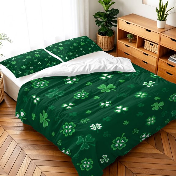 Queen Size 3 Pieces Duvet Cover Sets Farmhouse Green Shamrock Bedding Set,Microfiber Soft Comforter Cover with Pillow Shams,Luxury Quilt Covers for Bedroom Decor Saint Patrick's Day Style