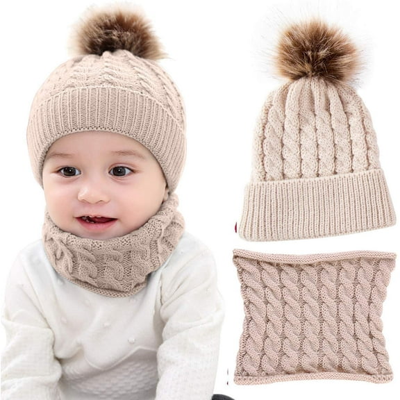 GRNSHTS 2PCS Toddler Baby Knit Hat Scarf Winter Warm Beanie Cap with Circle Loop Scarf Neck Warmer (Beige)