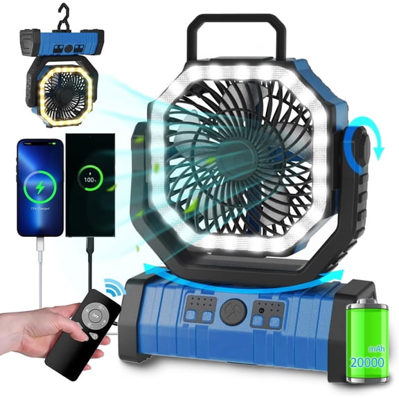 Camping Fan - 20000mAh Battery Powered Fan Rechargeable with LED Lantern - Portable Outdoor Tent Fans with Hanging Hook 4 Speeds Wind Remote Control, Blue