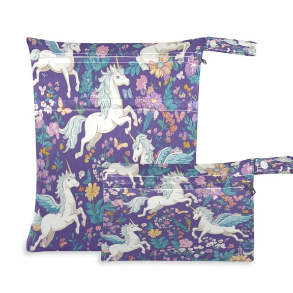 2 Pack Wet Dry Bags Waterproof Reusable Wet Bag with Handle for Travel,Diapers,Dirty Gym Clothes and Toiletries Unicorns and Pegasi Pattern
