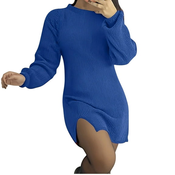 ZHYou Womens Knit Sweater Dresses Long Sleeve High Neck Ribbed Mini Dress Stretch Bodycon Side Slit Skirts,Blue,L