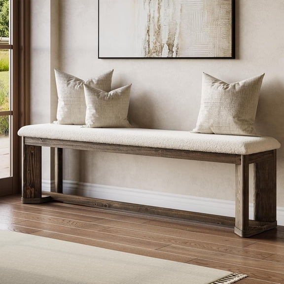 Tribesigns 63" Solid Wood Entryway Bench with Cushion, Farmhouse Upholstered Bench with Antique Brown Leg, End of Bed Bench with Faux Lamb Fur Seat for Bedroom