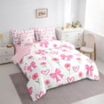 thumbnail image 3 of Feelyou Kawaii Cartoon Bow Bedding Comforter Set 7 Pieces for Girl, Cute Princess Ribbon Full Bedding Set, Pink Love Heart Reversible Fitted Sheet Flat Sheet, Microfiber Bedroom Decor, 3 of 7