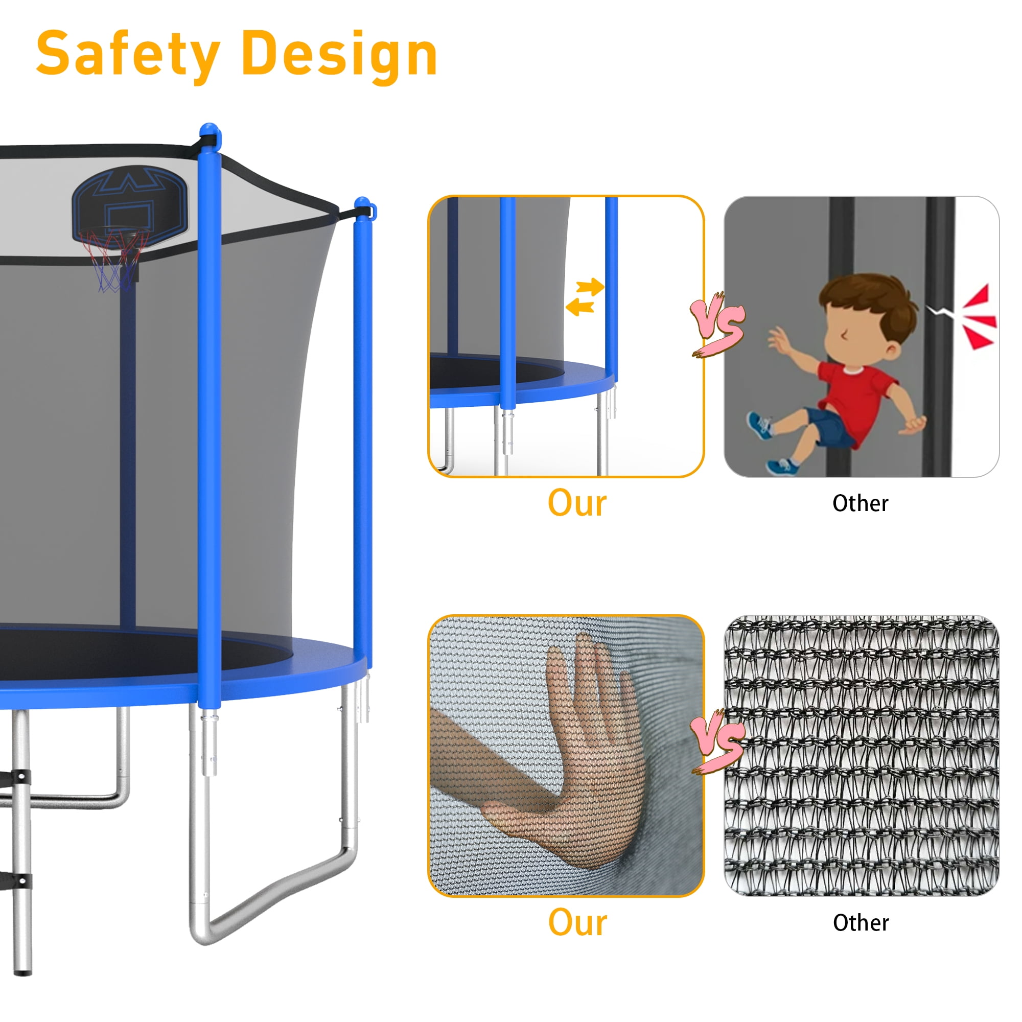 XMIKA Trampolines for Kids, 10FT 14FT 16FT Outdoor Trampolines with Safety Enclosure Net, Basketball Hoop, Ladder, 1000LBS Round Heavy Duty Recreational Backyard Trampoline for Adults, Anti-Rust