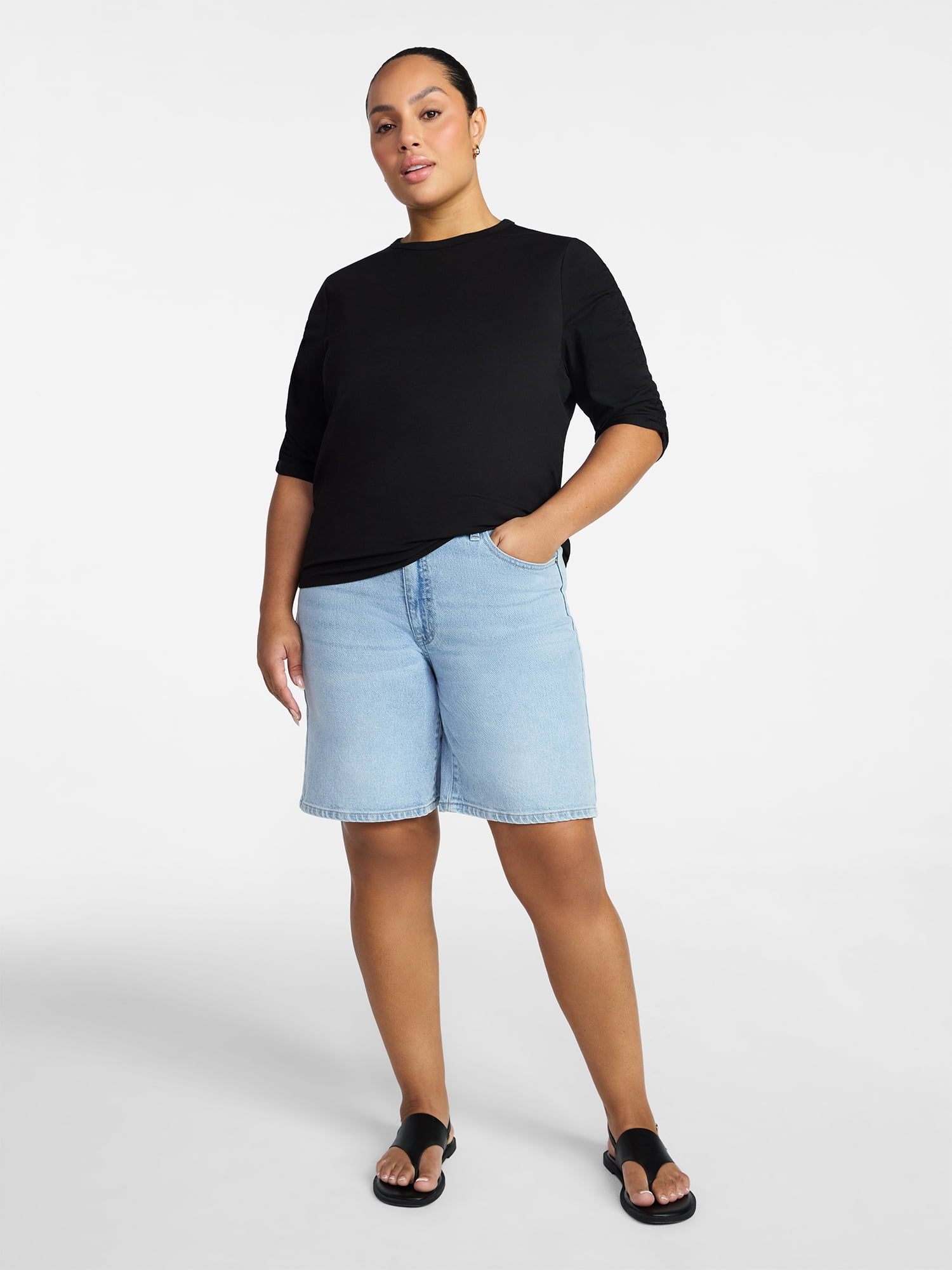 Time and Tru Women's High Rise Denim Bermuda Shorts, 9" Inseam, Sizes 0-22
