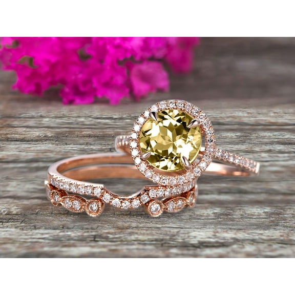 Milgrain Trio Set 2.75 Carat Champagne Diamond Moissanite 10k Rose Gold Wedding Set 6mm Round Cut Antique Art Deco Stacking Matching Band Anniversary gift Glaring