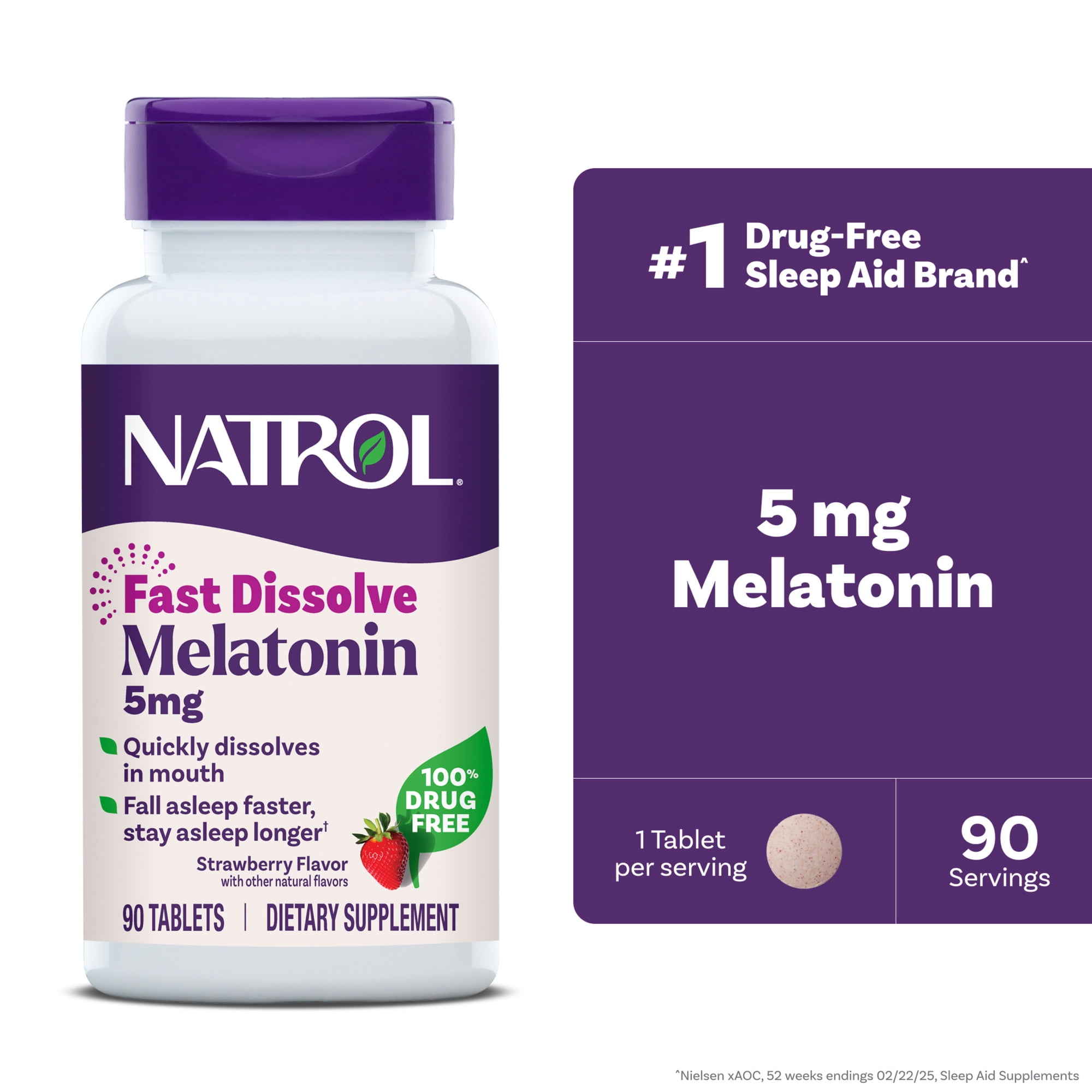 Natrol® Sleep Melatonin Fast Dissolve Tablets, Nighttime Sleep Aid, Strawberry Flavor, 5mg, 90 Count