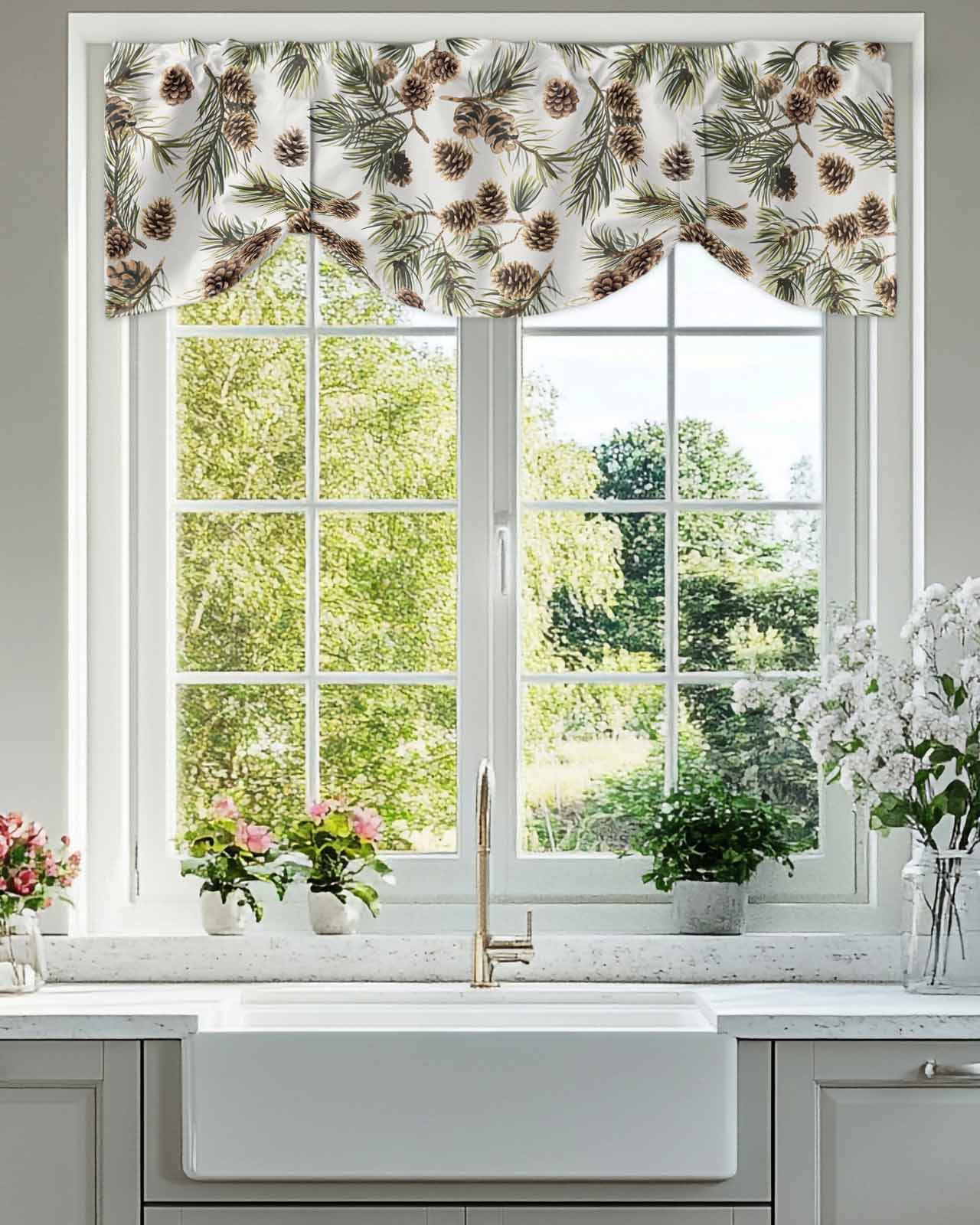 Brown Pine Cones Tie Up Valances Curtain, Green Leaves Branch White Background Kitchen Valances for Windows Decor, Rod Pocket Short Curtains Set for Bedroom/Bathroom, 54"x18"